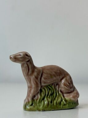 Vintage Wade England Mini Brown Ceramic Greyhound Figurine with Green Base